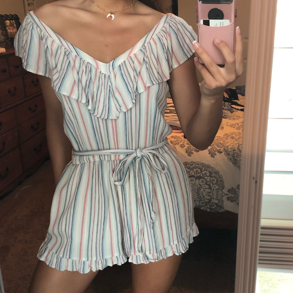 Striped, ruffle romper
